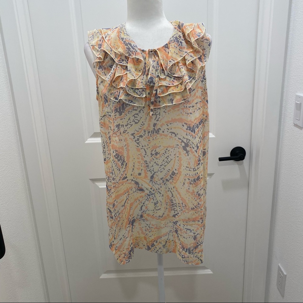 Cabi orange, blue, yellow and cream printed spring tunic with ruffle detailing